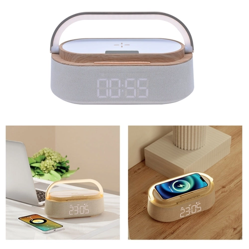 7321 BAMBU 5’i 1 Arada Bluetooth Hoparlör, Kablosuz Şarj, Saat, Telefon Standı, Masa Lambası