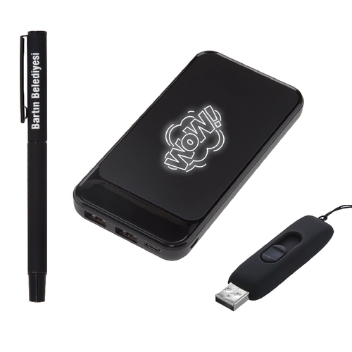 5057 Siyah Kalem & Powerbank & Usb Set