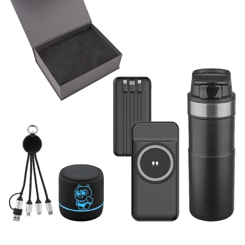 5082 Siyah Powerbank & Kablo & Hoparlör & Termos Set