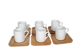 Ahşap Tabaklı 6'lı Beyaz Seramik Kahve Fincanı