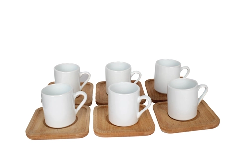 Ahşap Tabaklı 6'lı Beyaz Seramik Kahve Fincanı